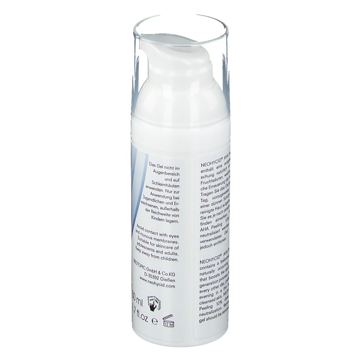Flacon blanc avec pompe. Texte en allemand. Inscription: NEOHYCID, AHA Peeling. 50 ml, 1.7 fl.oz.