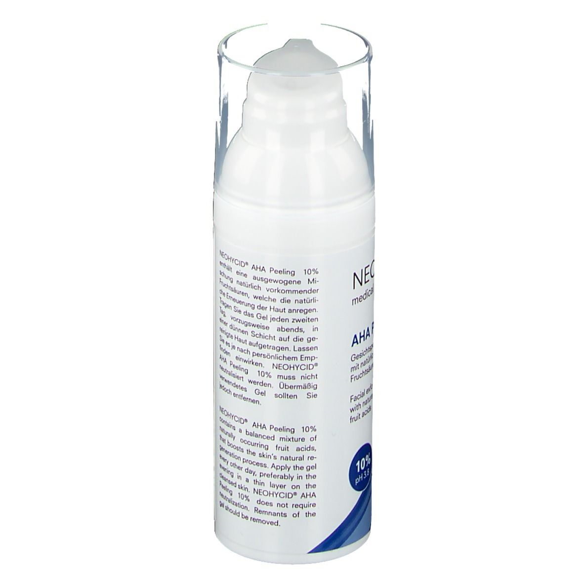 Flacon blanc avec pompe. Inscription: NEOHYCID, AHA Peeling, 10% pH 3.8. Forme d'onde bleue.