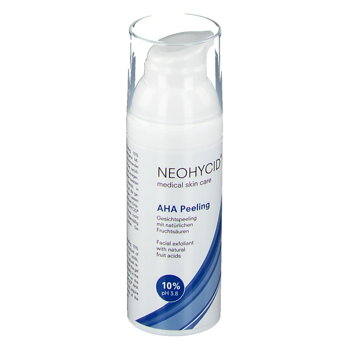 Flacon blanc avec pompe. Inscription: NEOHYCID, AHA Peeling, 10% pH 3.8. Forme d'onde bleue.