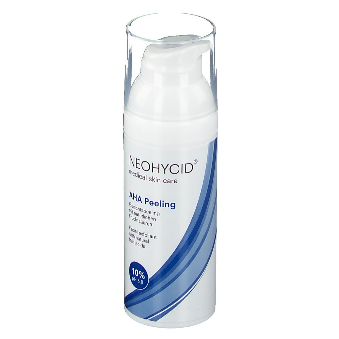 Flacon blanc avec pompe. Inscription: NEOHYCID, AHA Peeling, 10% pH 3.8. Forme d'onde bleue.