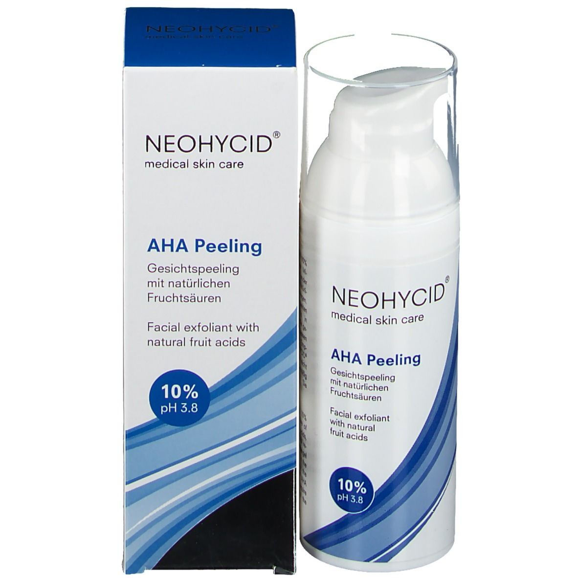 Flacon et emballage. Inscription: NEOHYCID, AHA Peeling, 10% pH 3.8. Forme d'onde bleue.