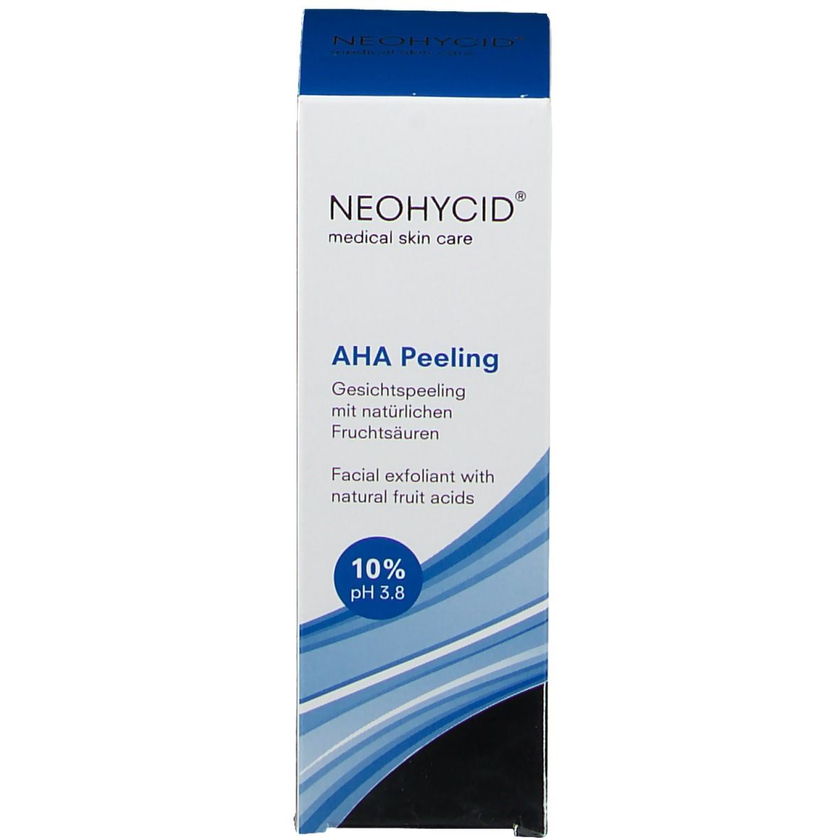 Emballage. Inscription: NEOHYCID, AHA Peeling, 10% pH 3.8. Forme d'onde bleue.