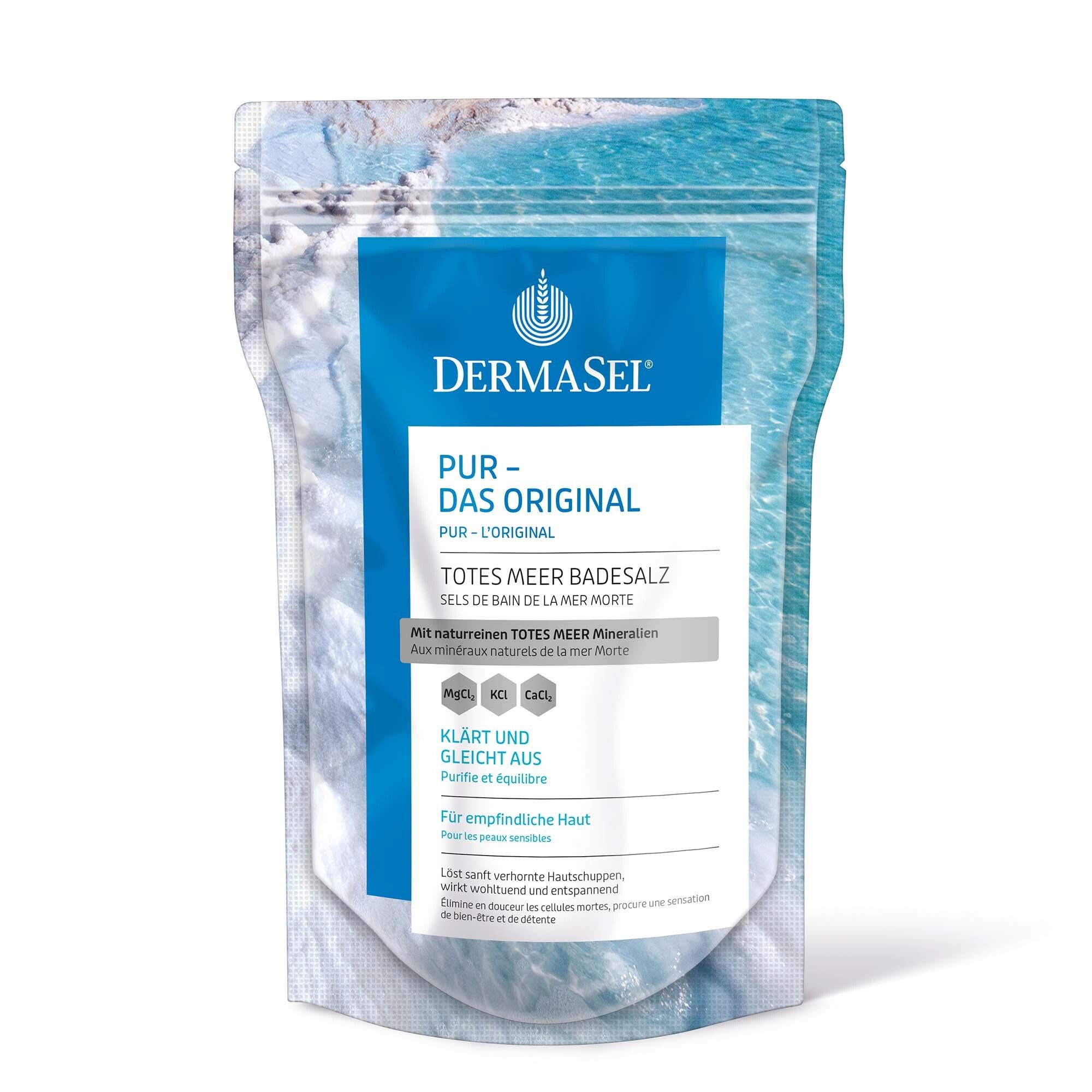 Sachet de DermaSel® Bad PUR. Texte : PUR - DAS ORIGINAL, Sels de bain de la Mer Morte. Contient des minéraux. Pour peaux sensibles.