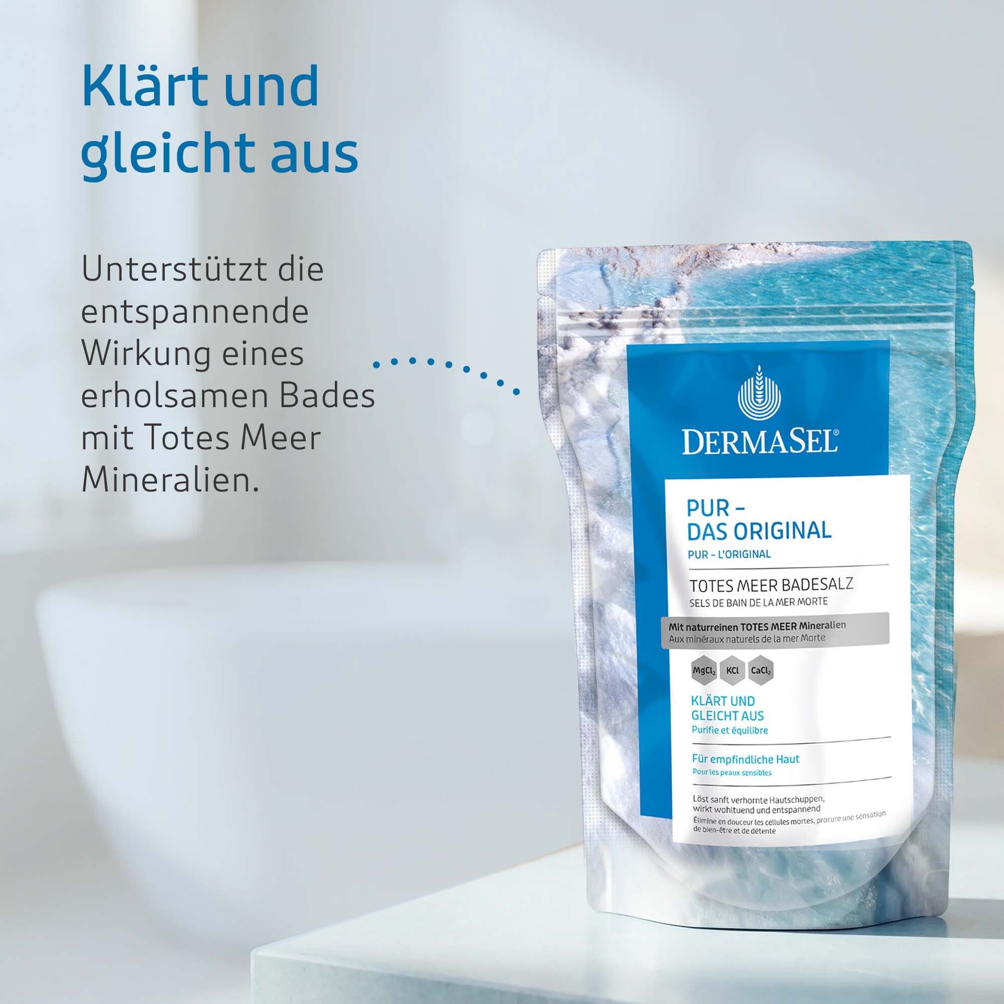 Emballage du produit DermaSel® Bad PUR. Texte : Clarifie et équilibre. Soutient l'effet relaxant d'un bain aux minéraux de la Mer Morte.