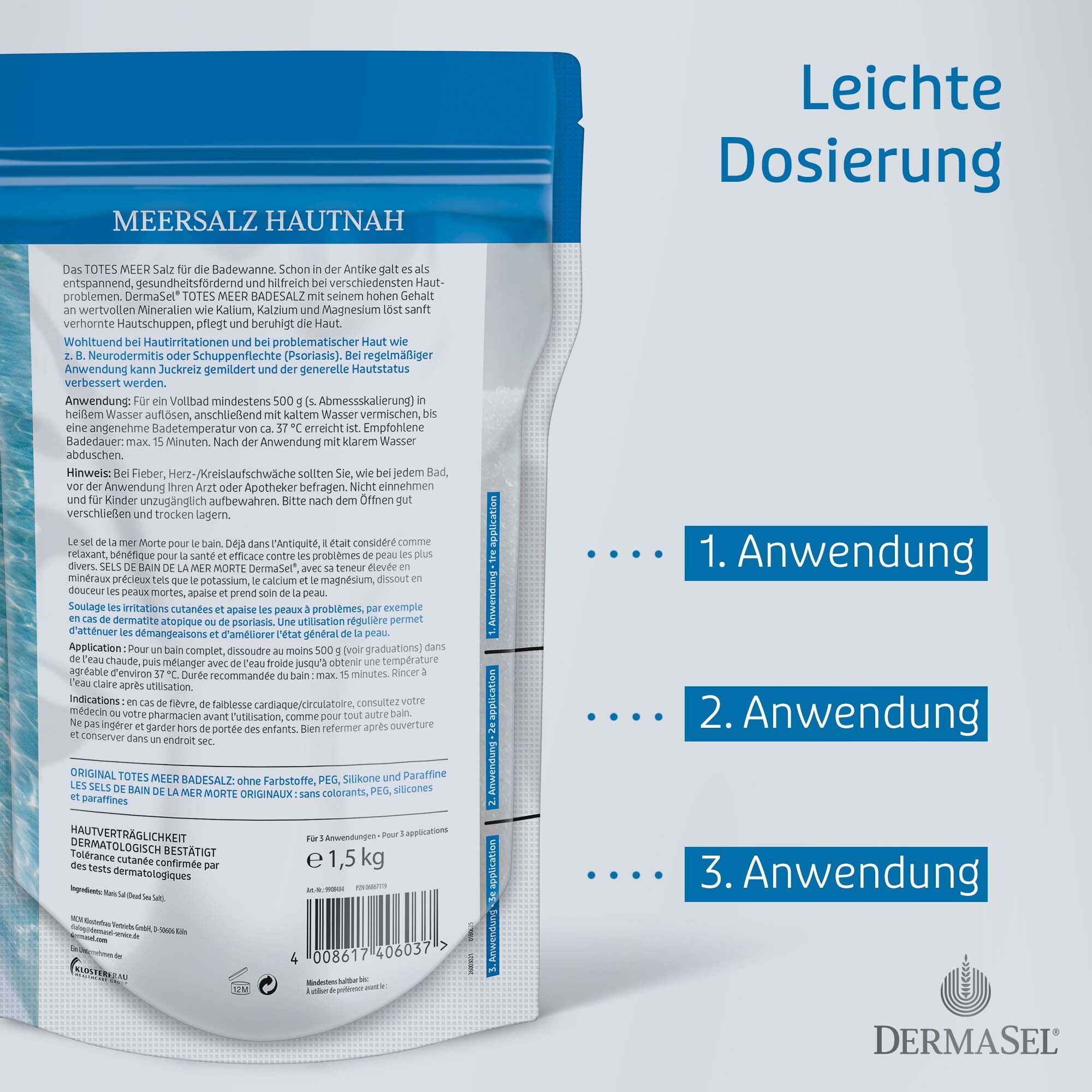 Emballage du produit DermaSel® Bad PUR. Texte : Sel marin au contact de la peau. Instructions d'utilisation. 1,5 kg. Dosage facile.