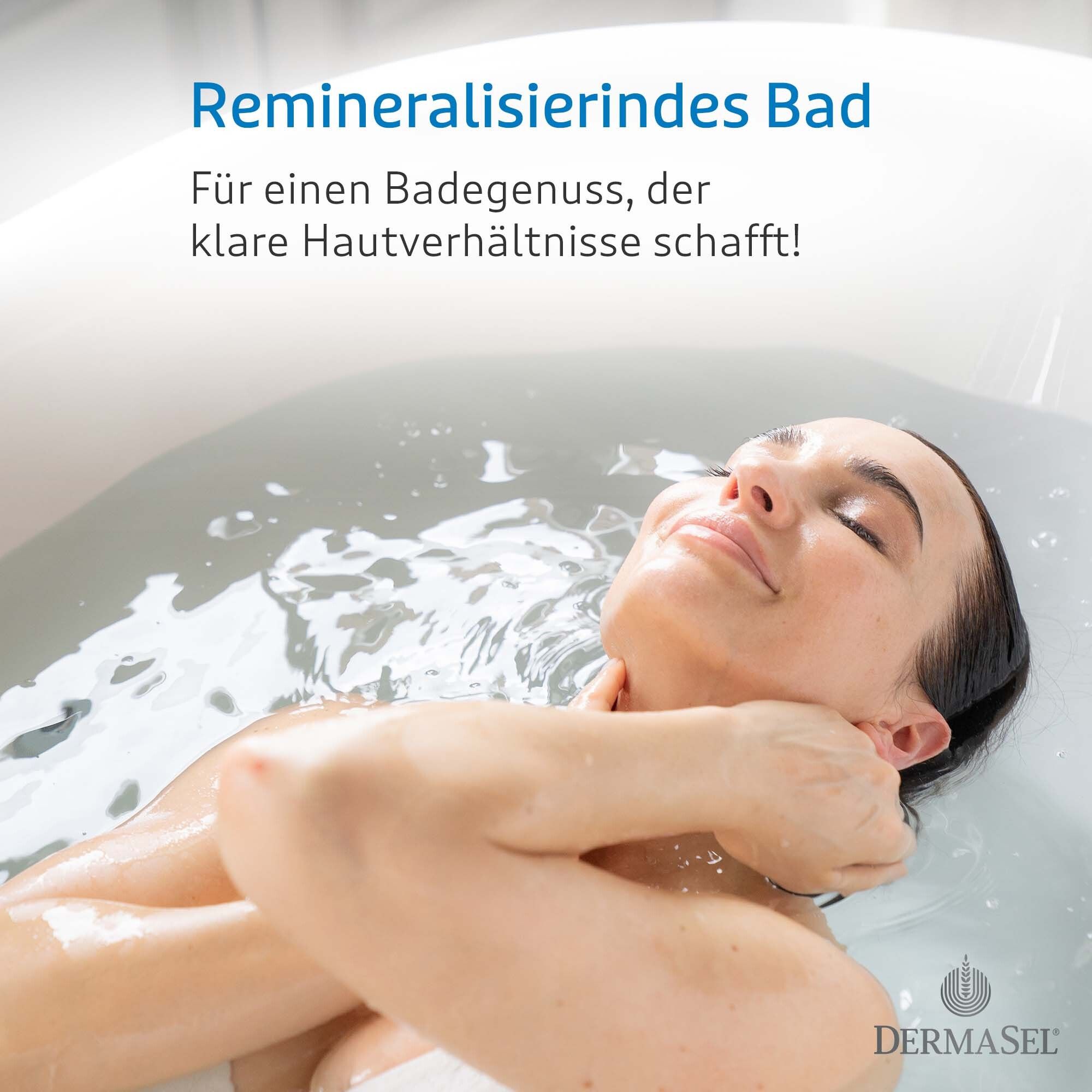 Femme dans une baignoire. Texte : Bain reminéralisant. Pour un plaisir de bain qui crée des conditions cutanées claires !