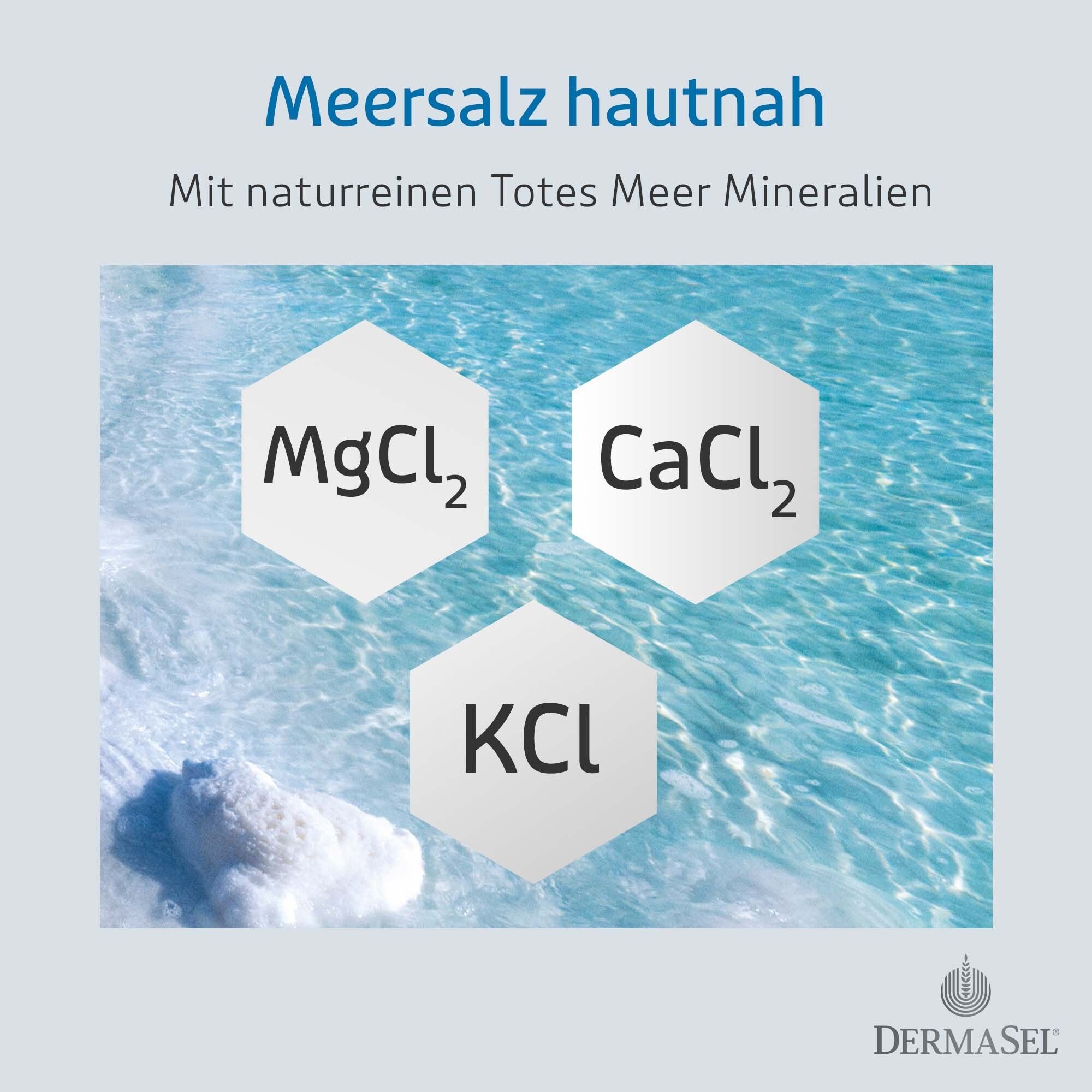 Graphique : Eau avec minéraux. Texte : Sel marin au contact de la peau. Avec des minéraux naturels de la Mer Morte. MgCl2, CaCl2, KCl.
