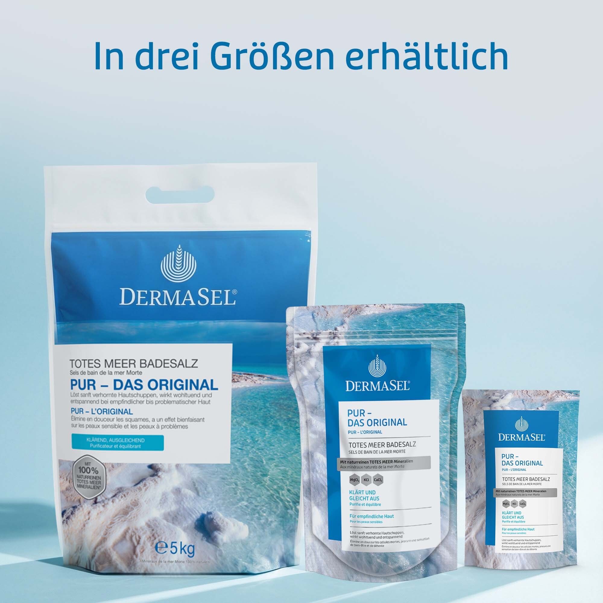 Trois formats de DermaSel® Bad PUR. Texte : Disponible en trois tailles. Illustrations du produit.