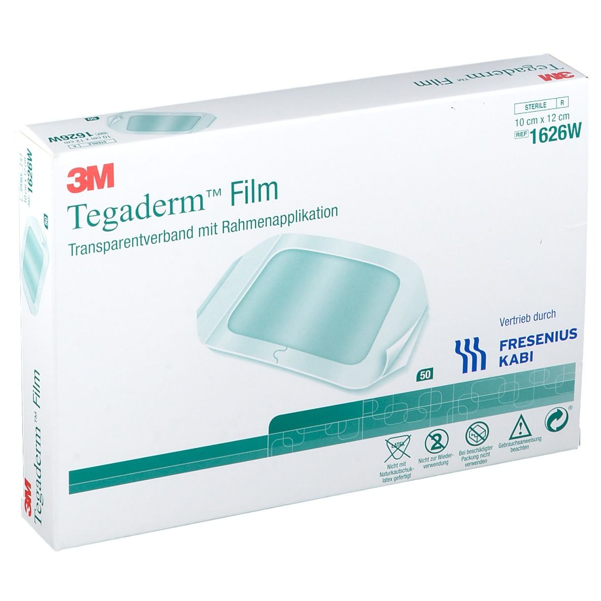 Boîte de Tegaderm Film, 10 x 12 cm. Pansement transparent avec applicateur. Logo 3M, Fresenius Kabi.