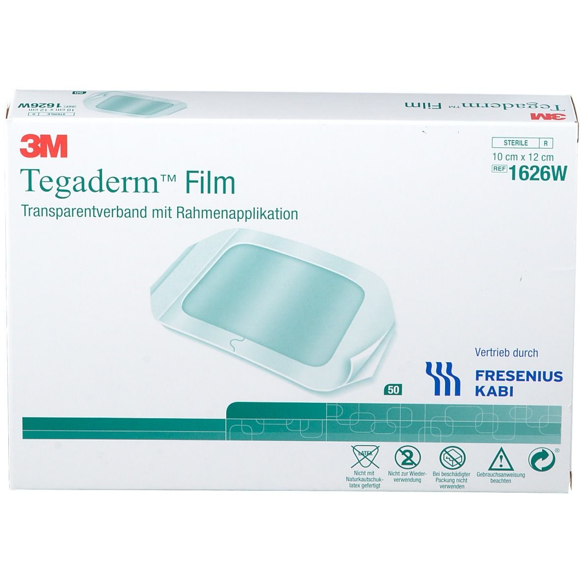 Vue de face de la boîte de Tegaderm Film. 10 x 12 cm. Pansement transparent avec applicateur. 3M, Fresenius Kabi.