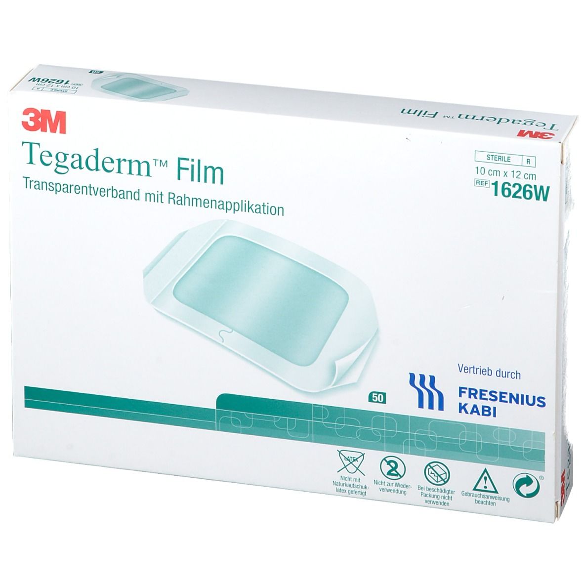 Vue de face de la boîte de Tegaderm Film. 10 x 12 cm. Pansement transparent avec applicateur. 3M, Fresenius Kabi.