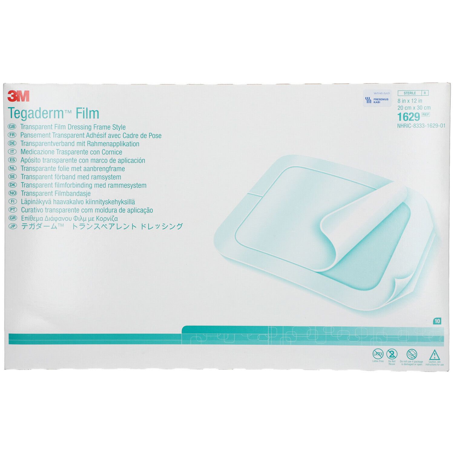 Emballage de film Tegaderm. Pansement transparent avec cadre. 20 x 30 cm. Logo 3M.
