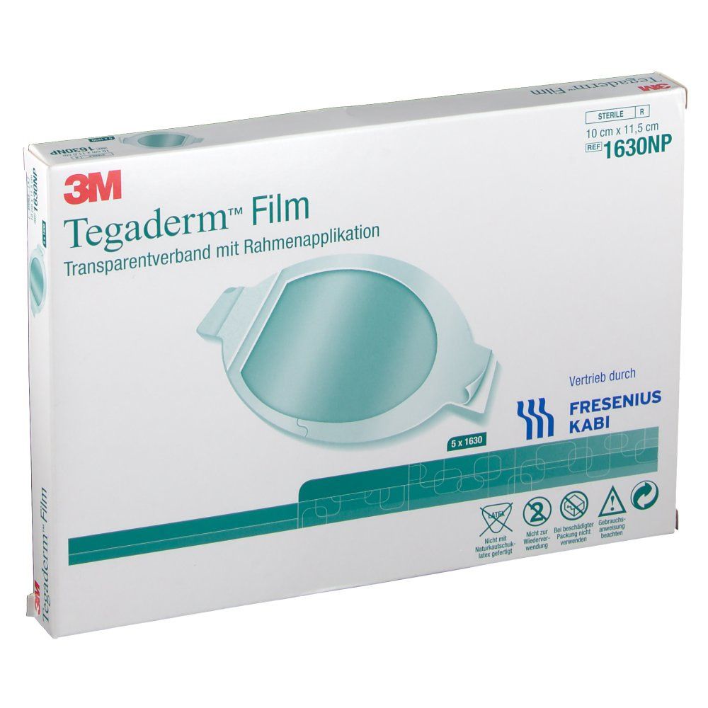 Boîte de Tegaderm Film. Inscriptions : 3M, Tegaderm Film, pansement transparent, 10 x 11,5 cm, 1630NP. Avec applicateur. Distribué par Fresenius Kabi.