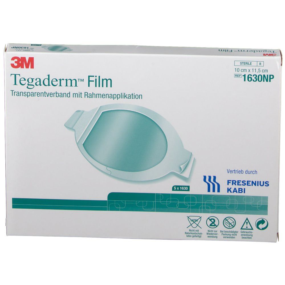 Boîte de Tegaderm Film. Inscriptions : 3M, Tegaderm Film, pansement transparent, 10 x 11,5 cm, 1630NP. Avec applicateur. Distribué par Fresenius Kabi. Stérile.