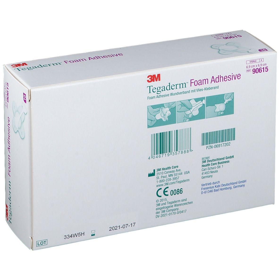 Arrière de la boîte de 3M Tegaderm Foam Adhesive, 6,9 x 6,9 cm, 10 pièces.