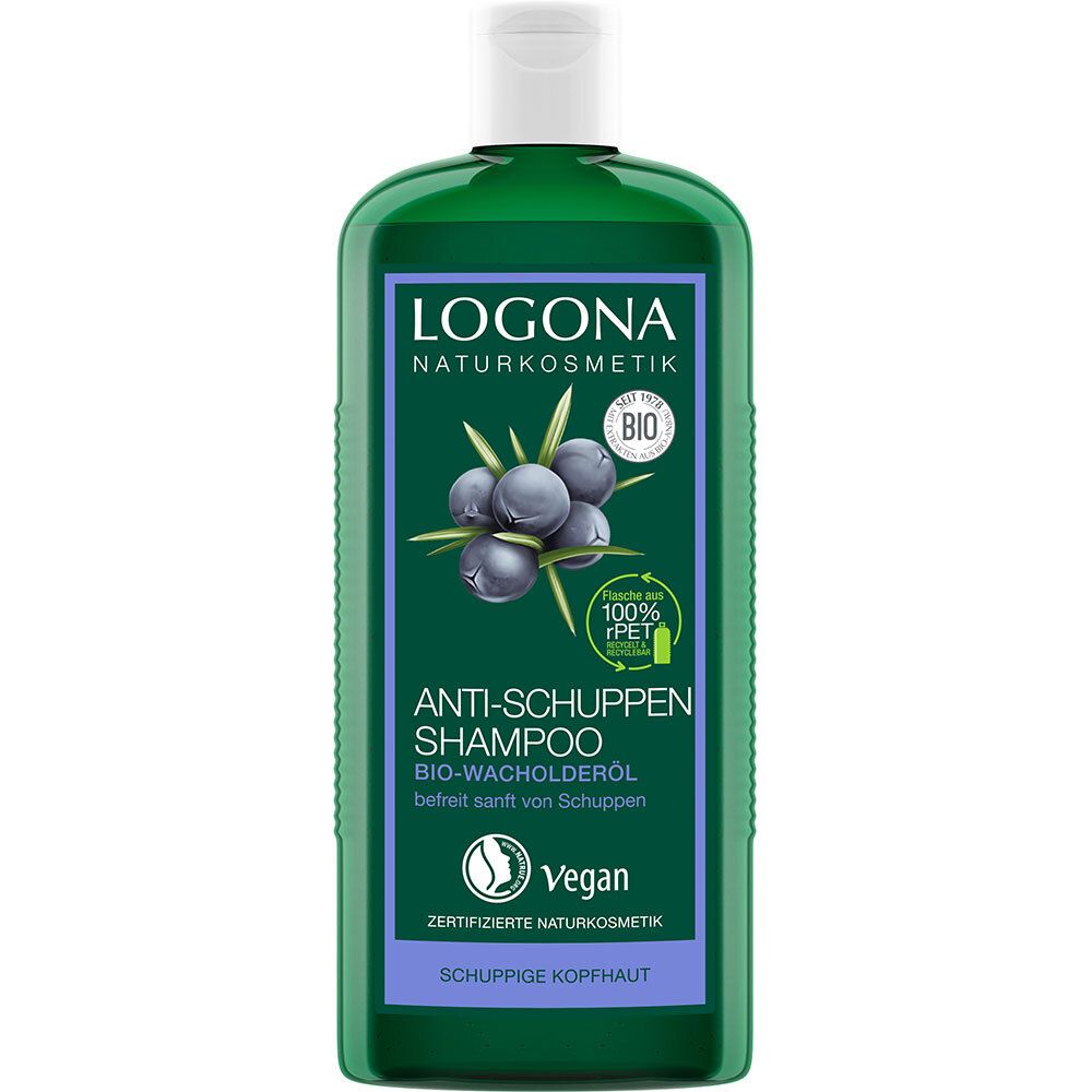 Flacon vert avec bouchon blanc. Inscription: LOGONA Naturkosmetik, Shampooing Anti-pelliculaire, Huile de genièvre bio. Label Vegan.