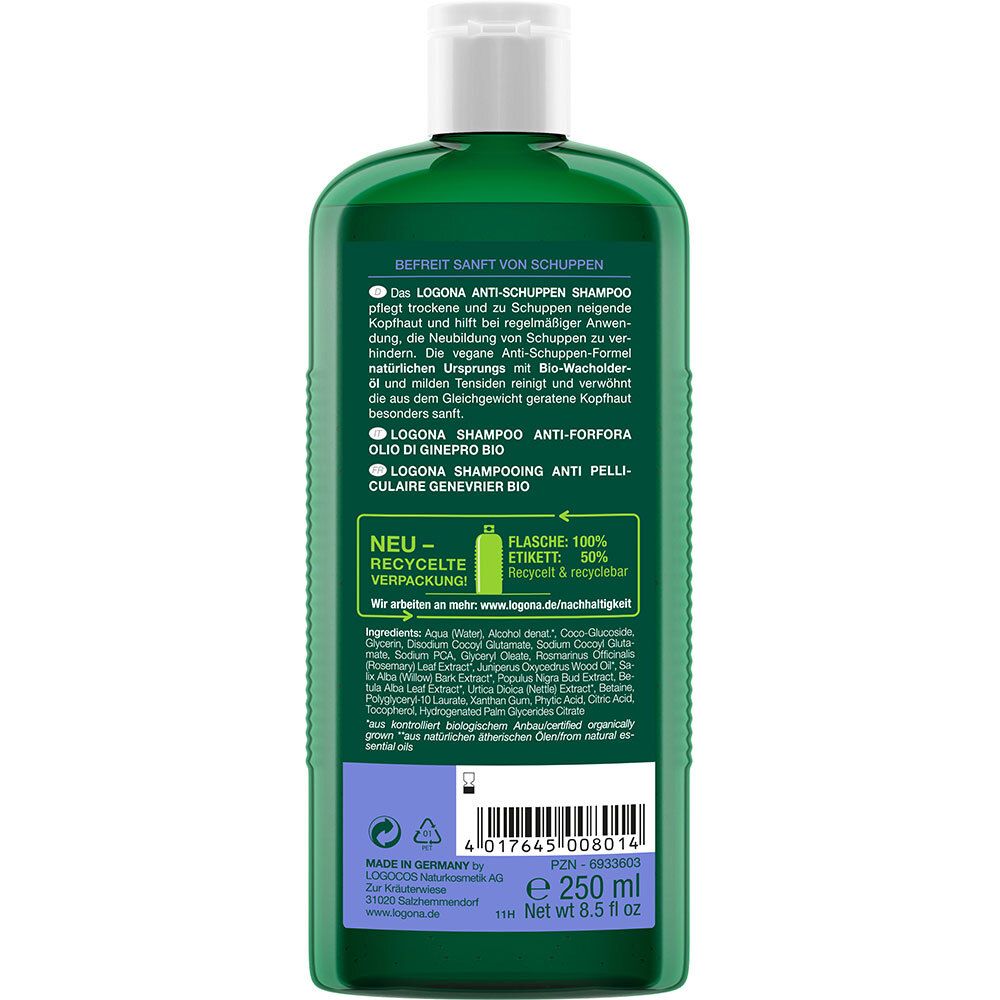 Dos du flacon vert. Texte: LOGONA Shampooing Anti-pelliculaire. Ingrédients. 250 ml. Fabriqué en Allemagne. Information recyclage.