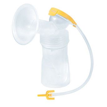 Tire-lait avec biberon, entonnoir et tube. Accents jaunes. Matériau transparent.