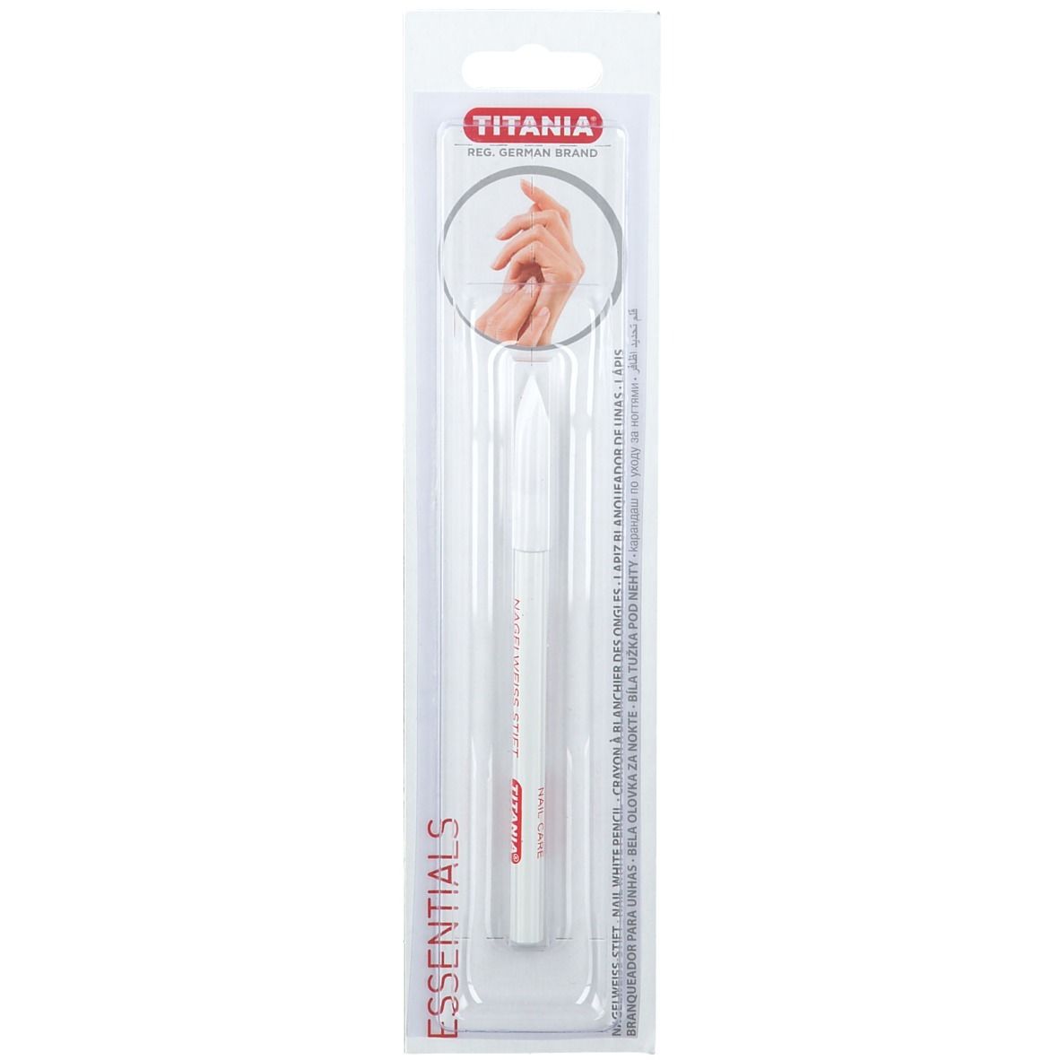 Stylo blanc TITANIA® pour ongles, emballage. Texte rouge. Illustration de main.