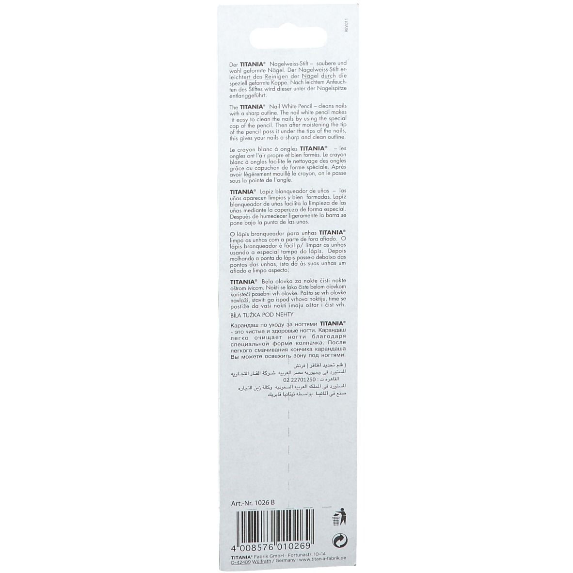 Dos de l'emballage du stylo blanc TITANIA®. Texte multilingue. Code-barres en bas.