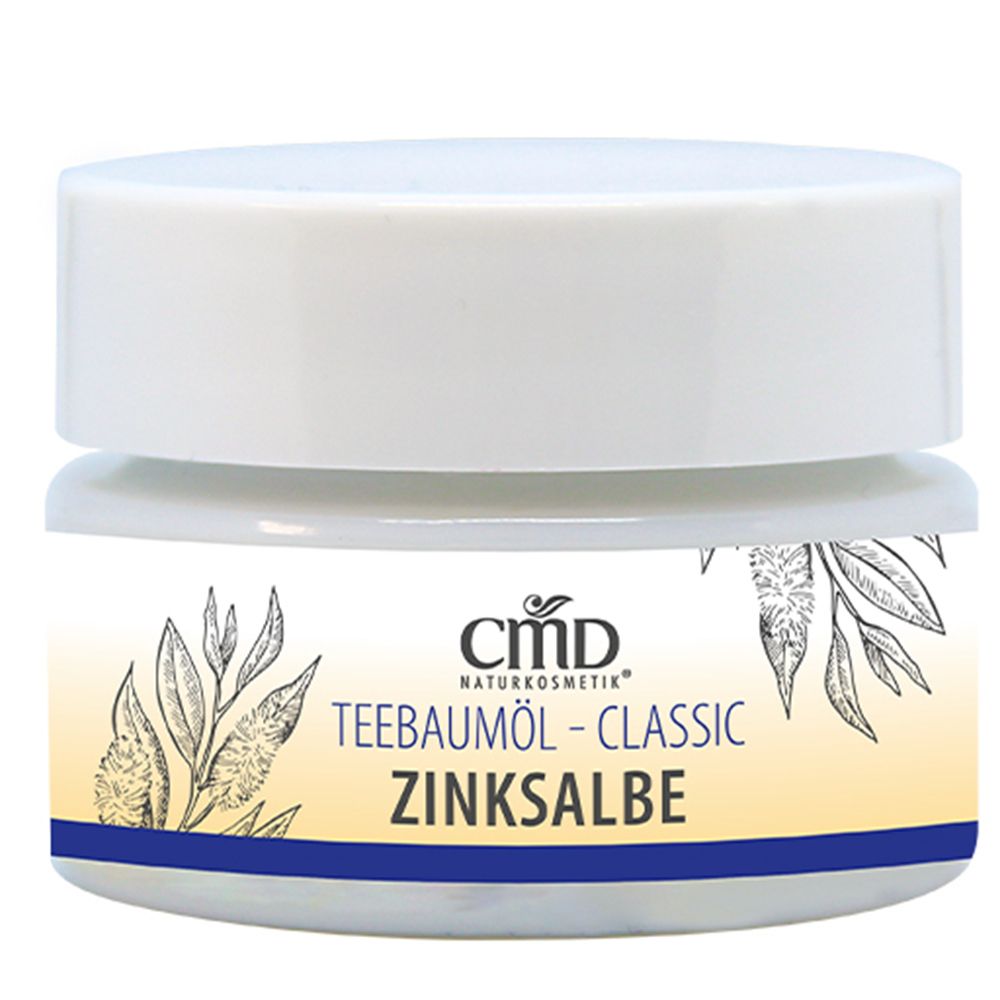 Pot de crème avec couvercle blanc. Inscription : CMD Naturkosmetik, Teebaumöl - Classic, Zinksalbe. Illustration de feuilles.