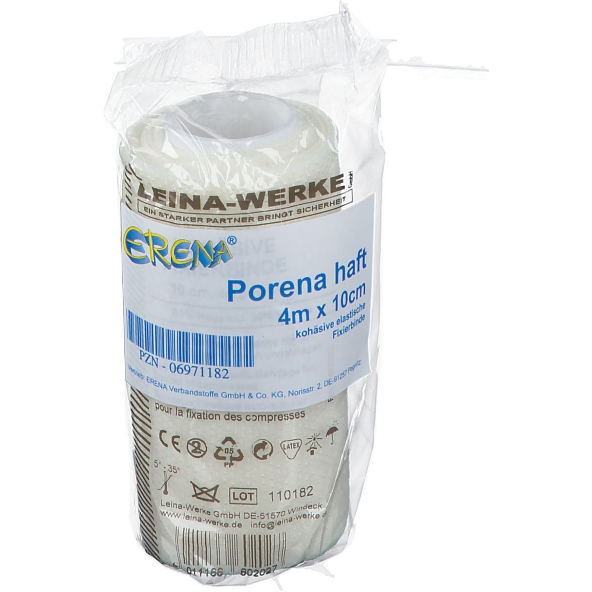 Rouleau de bandage dans un emballage plastique. Étiquette avec nom de marque ERENA, description et dimensions.