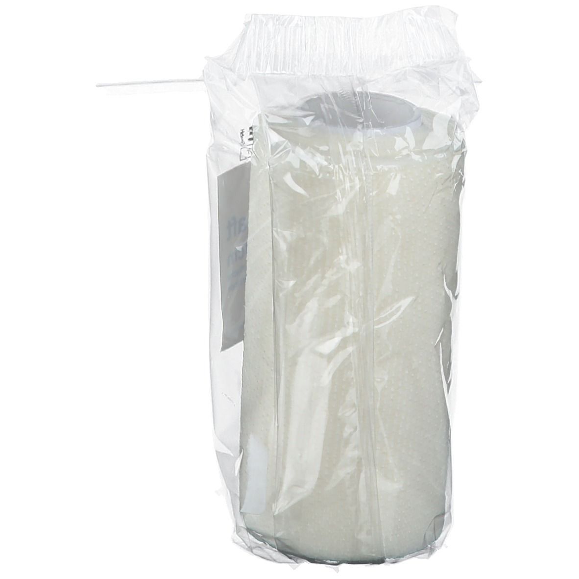 Rouleau de bandage dans un emballage plastique. Produit partiellement visible.