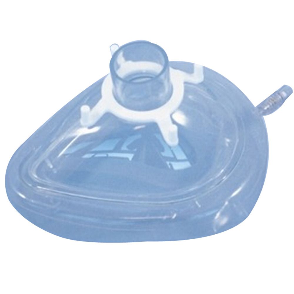 Masque de ventilation unique avec valve, taille 4. Masque transparent, ovale, avec raccord blanc et raccord latéral.