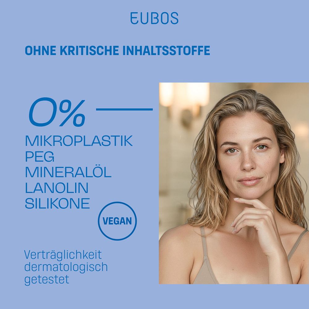 Femme avec visage. Fond bleu avec texte : 0% microplastiques, PEG, huile minérale, lanoline, silicones.