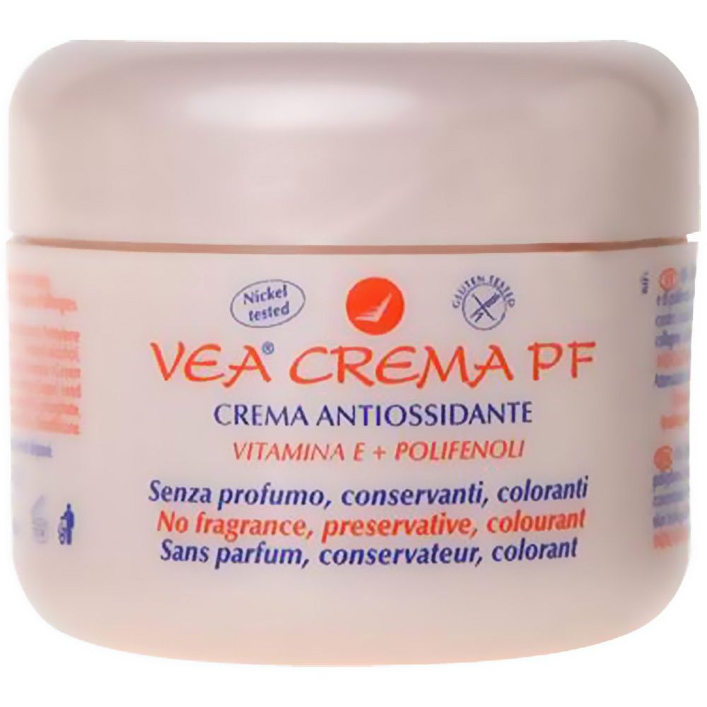 Pot de crème VEA® CREMA PF. Texte : Crème antioxydante, Vitamine E + Polyphénols. Sans parfum, conservateur, colorant. Testé nickel.