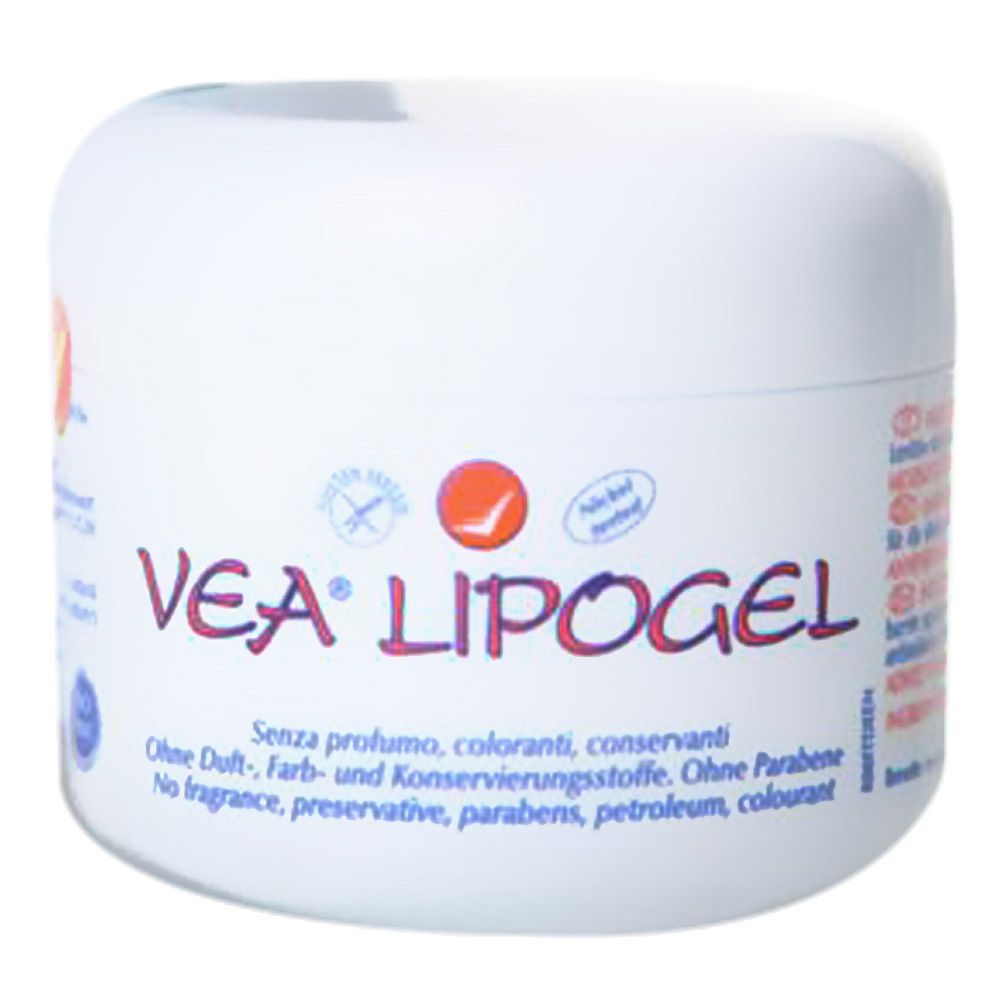 Pot blanc avec impression VEA® Lipogel. Texte : Sans parfum, colorants, conservateurs. Sceaux.