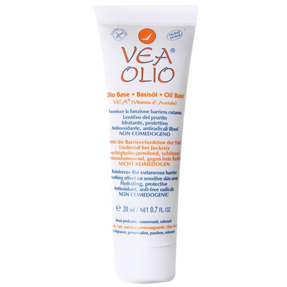Tube blanc VEA Olio. Texte multilingue. Logo orange. 20 ml.