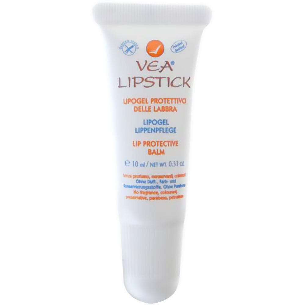 Tube blanc VEA® Lipstick. Inscription: Lipogel, Lip Balm. Contient 10 ml. Sans parfum, colorants ni conservateurs.