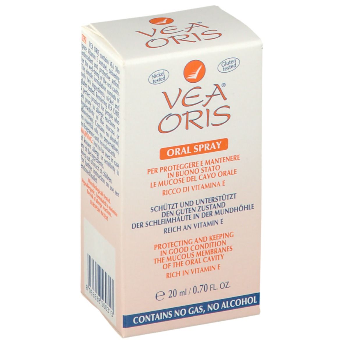 Boîte de VEA ORIS Mundspray. Carton blanc et orange avec nom du produit et texte multilingue. Contient 20 ml.