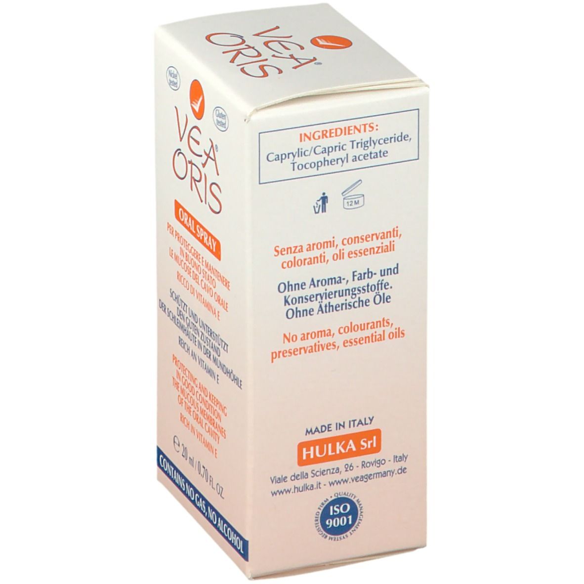 Dos de la boîte de VEA ORIS Mundspray. Ingrédients, adresse du fabricant et certification ISO 9001.