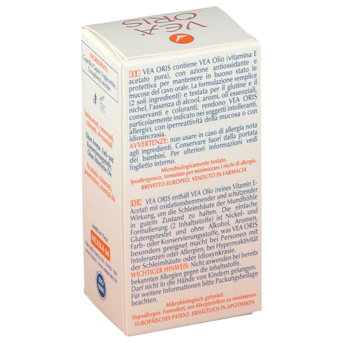 Boîte de VEA ORIS Mundspray. Texte multilingue, y compris les avertissements et les informations d'utilisation.