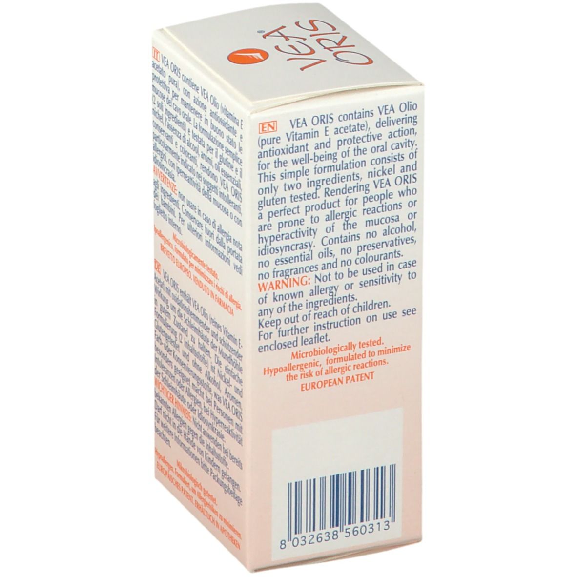 Boîte de VEA ORIS Mundspray. Dos avec texte multilingue, code-barres et brevet européen.