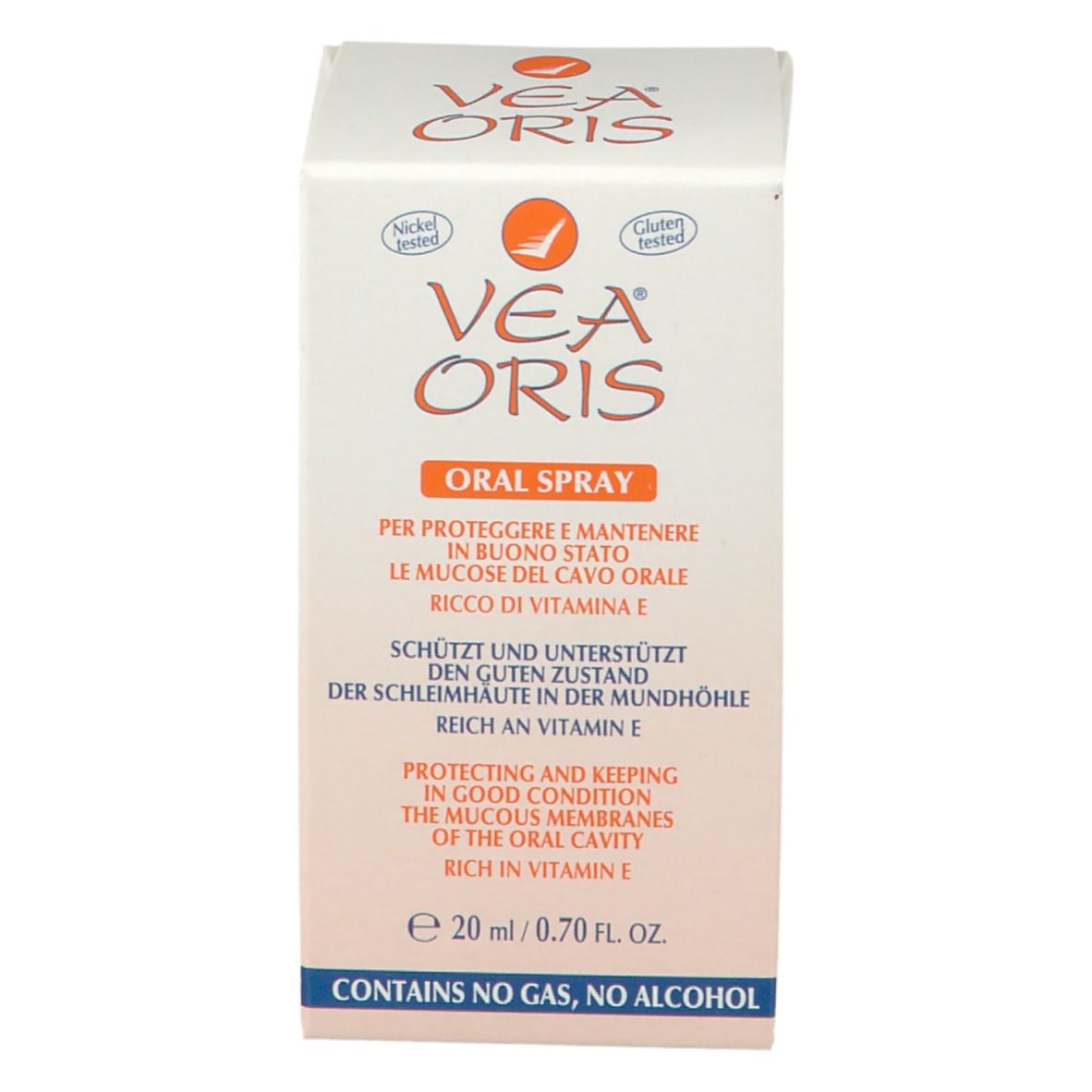 Boîte de VEA ORIS Mundspray. Face avant avec nom du produit, texte multilingue et certifications.