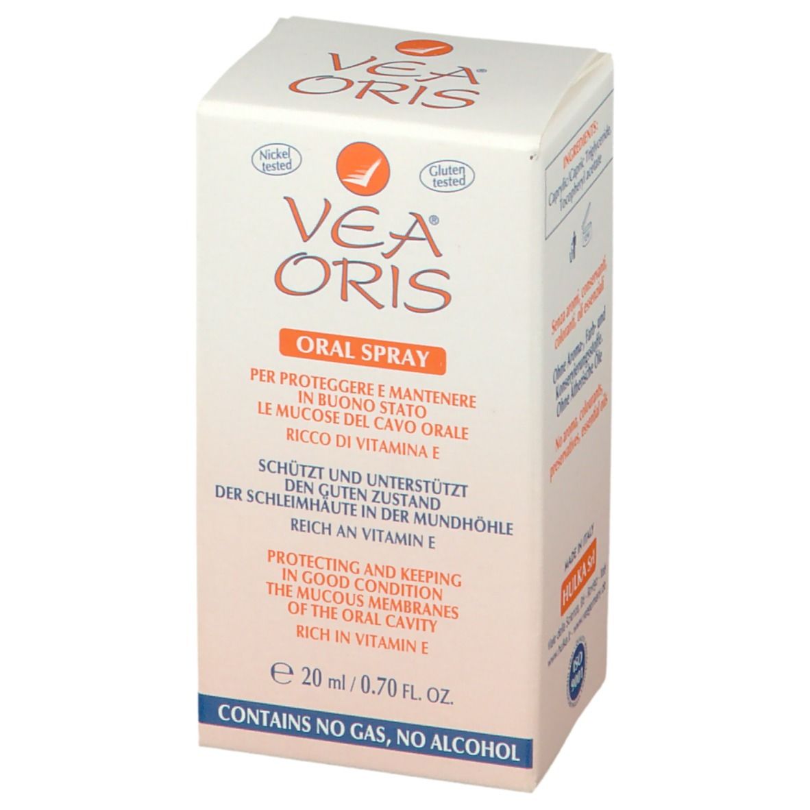 Boîte de VEA ORIS Mundspray. Face avant avec nom du produit, texte multilingue et certifications.