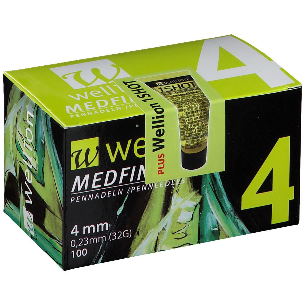 Boîte de seringues WELLION MEDFINE plus. Inscription : 4 mm, 0,23 mm (32G), 100. Autocollant : Wellion 1SHOT.