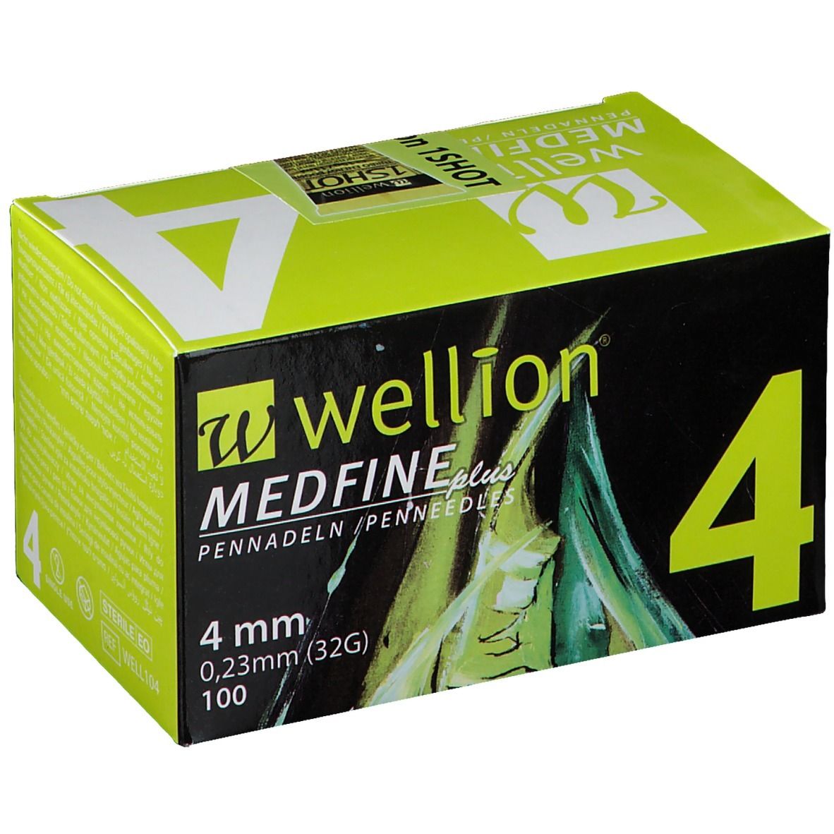 Boîte de seringues WELLION MEDFINE plus. Inscription : 4 mm, 0,23 mm (32G), 100. Sur le côté : 4.