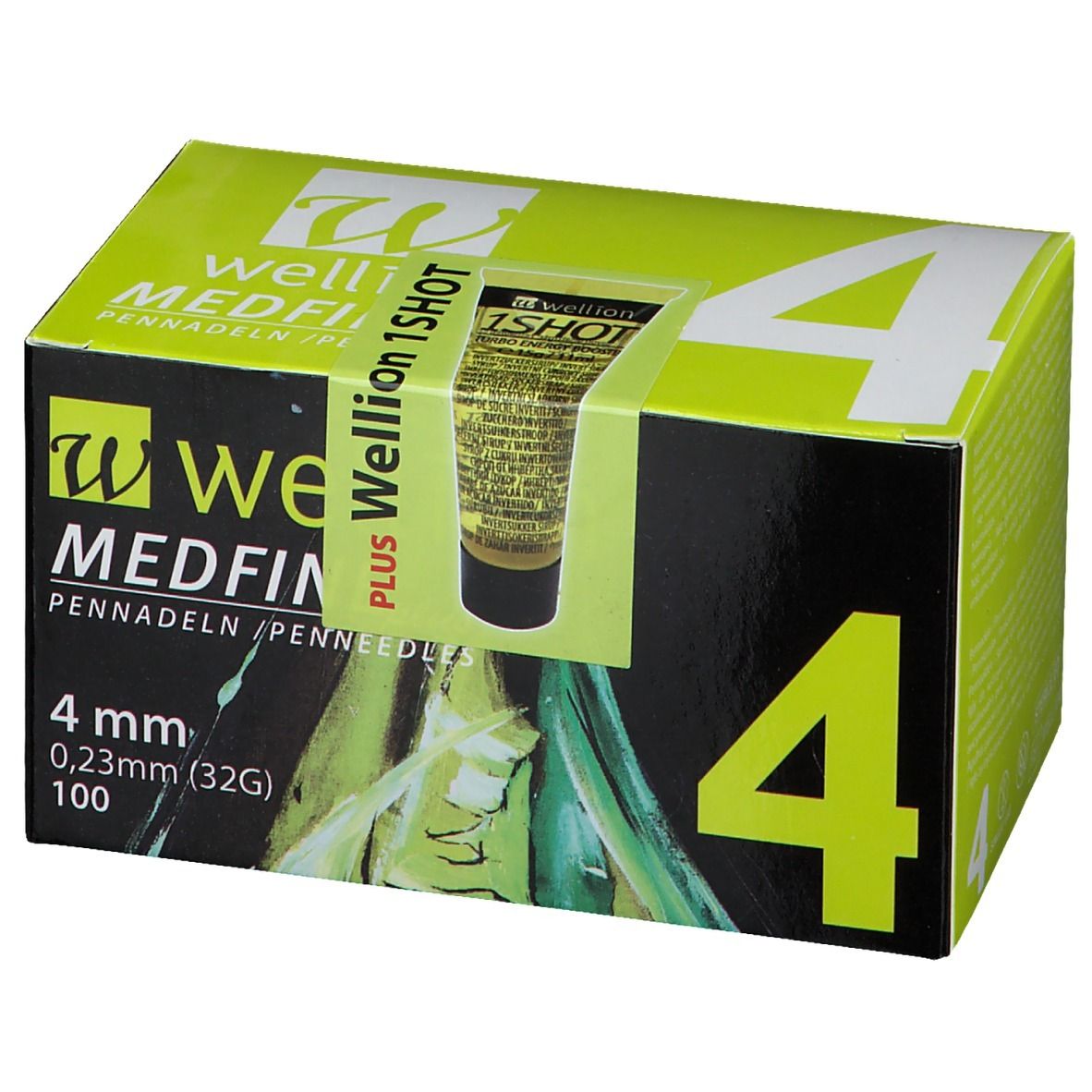 Boîte de seringues WELLION MEDFINE plus. Inscription : 4 mm, 0,23 mm (32G), 100. Autocollant : Wellion 1SHOT.