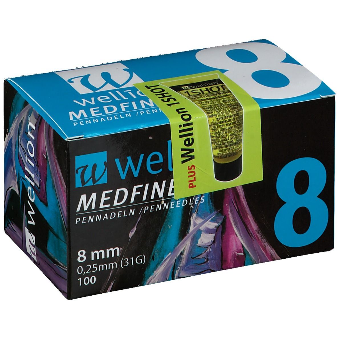 Boîte de seringues stylos. Inscription : WELLION MEDFINE plus, 8 mm, 0,25 mm (31G), 100. Autocollant vert-jaune : Wellion 1SHOT.
