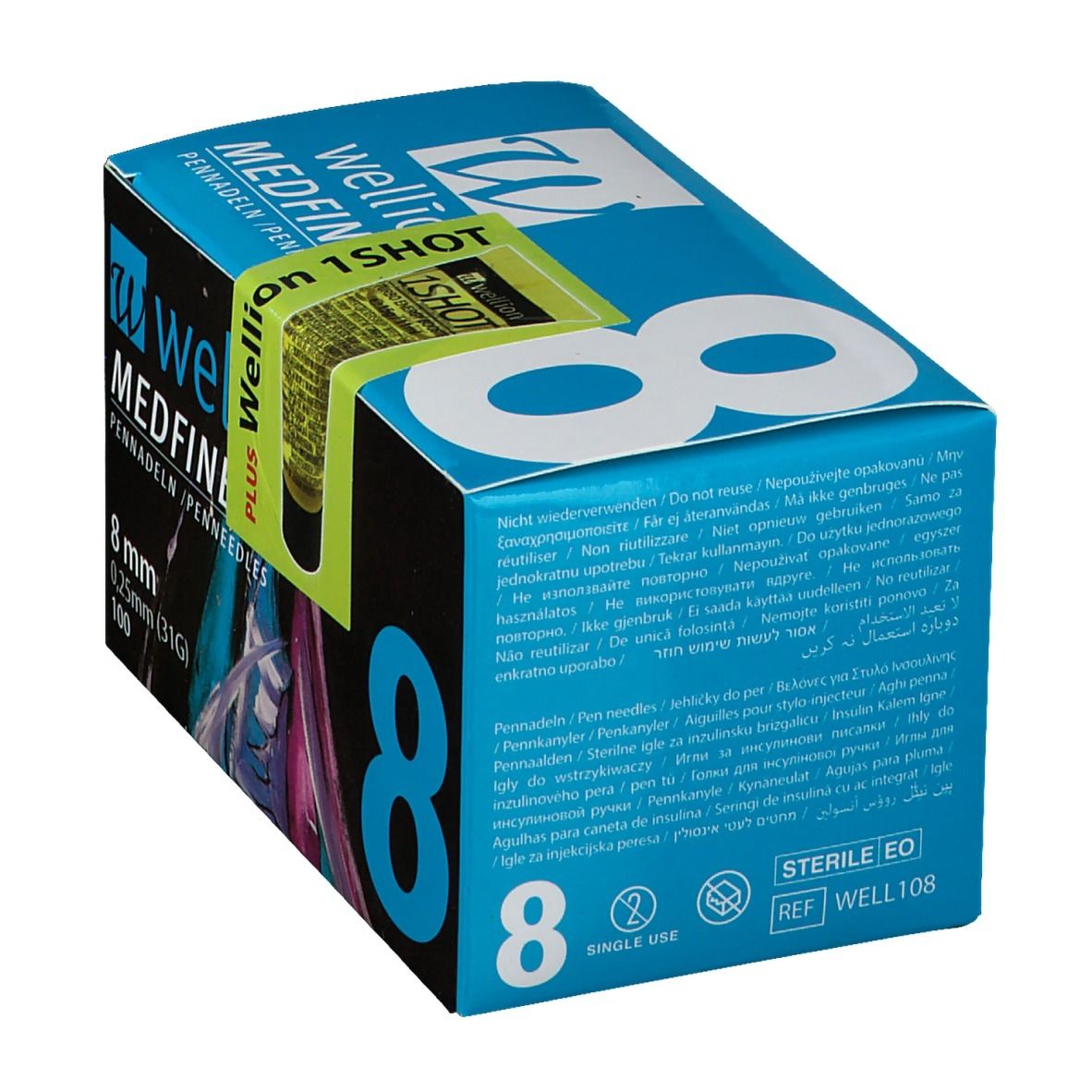 Boîte d'aiguilles pour stylo. Inscription : WELLION MEDFINE plus, 8 mm, 0,25 mm (31G), 100. Autocollant : Wellion 1SHOT. Texte multilingue.