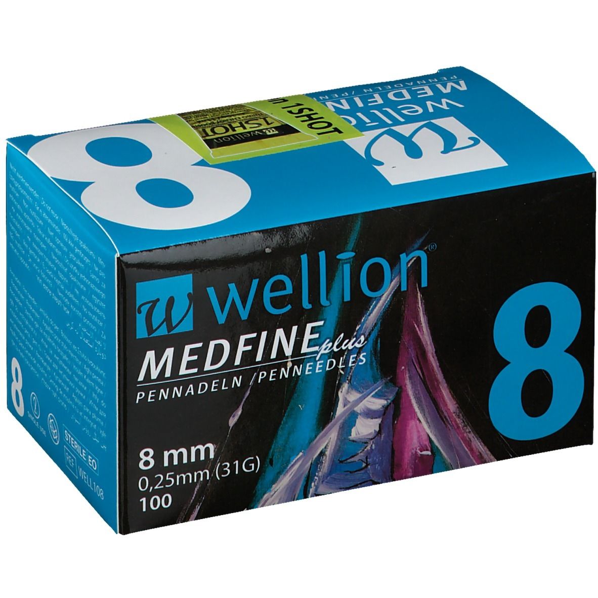 Boîte d'aiguilles pour stylo. Inscription : WELLION MEDFINE plus, 8 mm, 0,25 mm (31G), 100. Grand chiffre bleu 8. Autocollant vert-jaune : Wellion 1SHOT.
