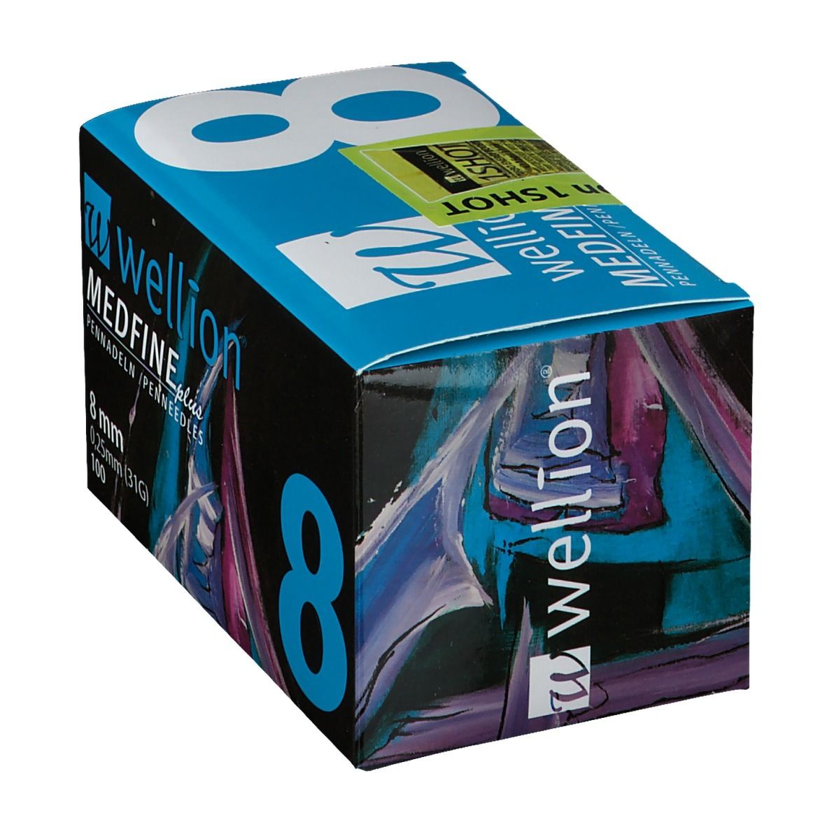 Boîte d'aiguilles pour stylo. Inscription : WELLION MEDFINE plus, 8 mm, 0,25 mm (31G), 100. Grand chiffre bleu 8. Autocollant vert-jaune : Wellion 1SHOT.