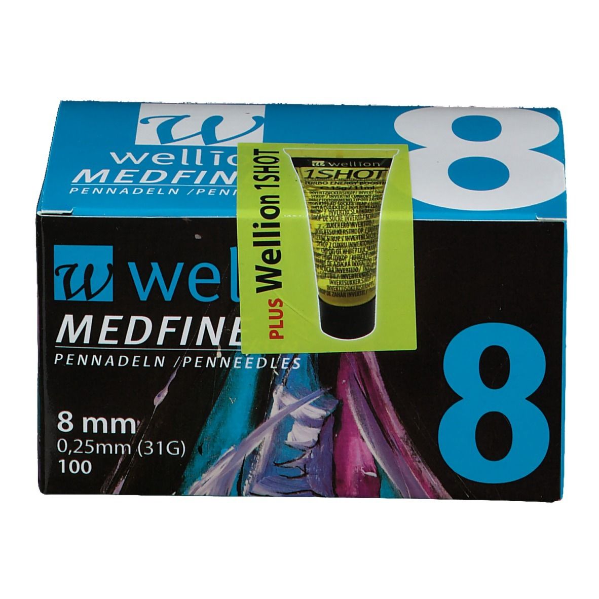 Boîte d'aiguilles pour stylo. Inscription : WELLION MEDFINE plus, 8 mm, 0,25 mm (31G), 100. Autocollant vert-jaune : Wellion 1SHOT. Couleurs bleu et noir.