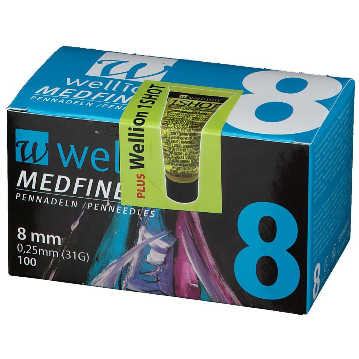 Boîte d'aiguilles pour stylo. Inscription : WELLION MEDFINE plus, 8 mm, 0,25 mm (31G), 100. Autocollant vert-jaune : Wellion 1SHOT. Couleurs bleu et noir.