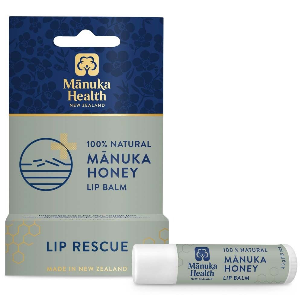 Emballage et baume à lèvres : Manuka Honey Lip Balm, 100% naturel, Fabriqué en Nouvelle-Zélande.