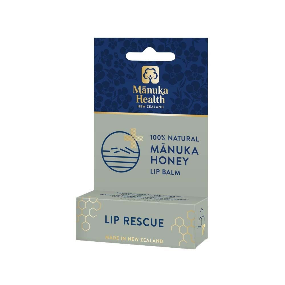 Emballage pour Manuka Honey Lip Balm, avec trou de suspension et informations produit.